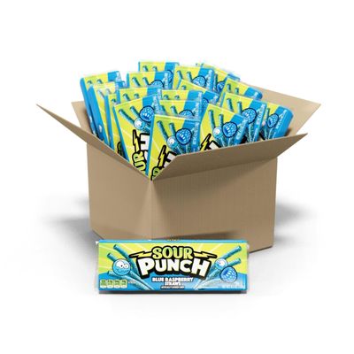 Sour Punch Straws, Blue Raspberry Fruity Flavor, Soft &amp; Chewy Candy, 4.5oz Tray (24 Pack)