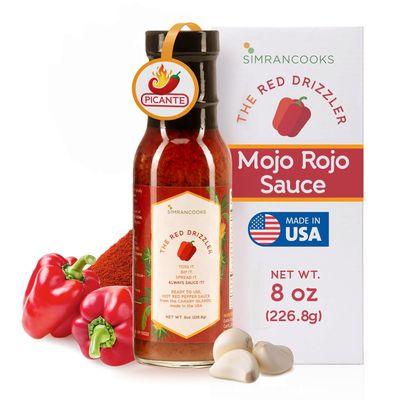 The Red Drizzler by Simrancooks, Red Bell Pepper-Based Hot Sauce - Made with Hot Spices, Also Known as Mojo Rojo or Mojo Picon in Spain, Vegan, Gluten-Free, Nut-Free, No Added Sugar, 8oz - Made in USA