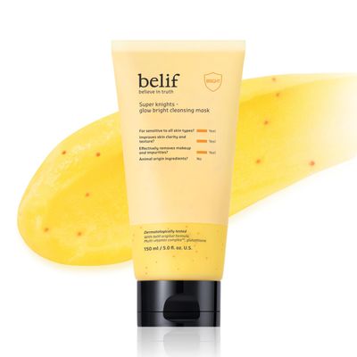 belif Super Knights - Glow Cleansing Mask, 2-in-1 Facial Mask &amp; Cleanser with Multi Vitamin Complex and Glutathione For All and Sensitive Skin Types Korean Skincare (5.0 fl. oz)