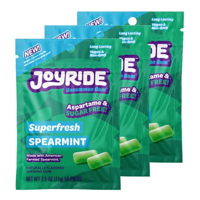 Joyride Gum - Superfresh Spearmint, Aspartame &amp; Sugar Free, Low Carb, Vegan, Healthy Chewing Gum, 3 Packs of 50 Pieces (150 Pieces Total)