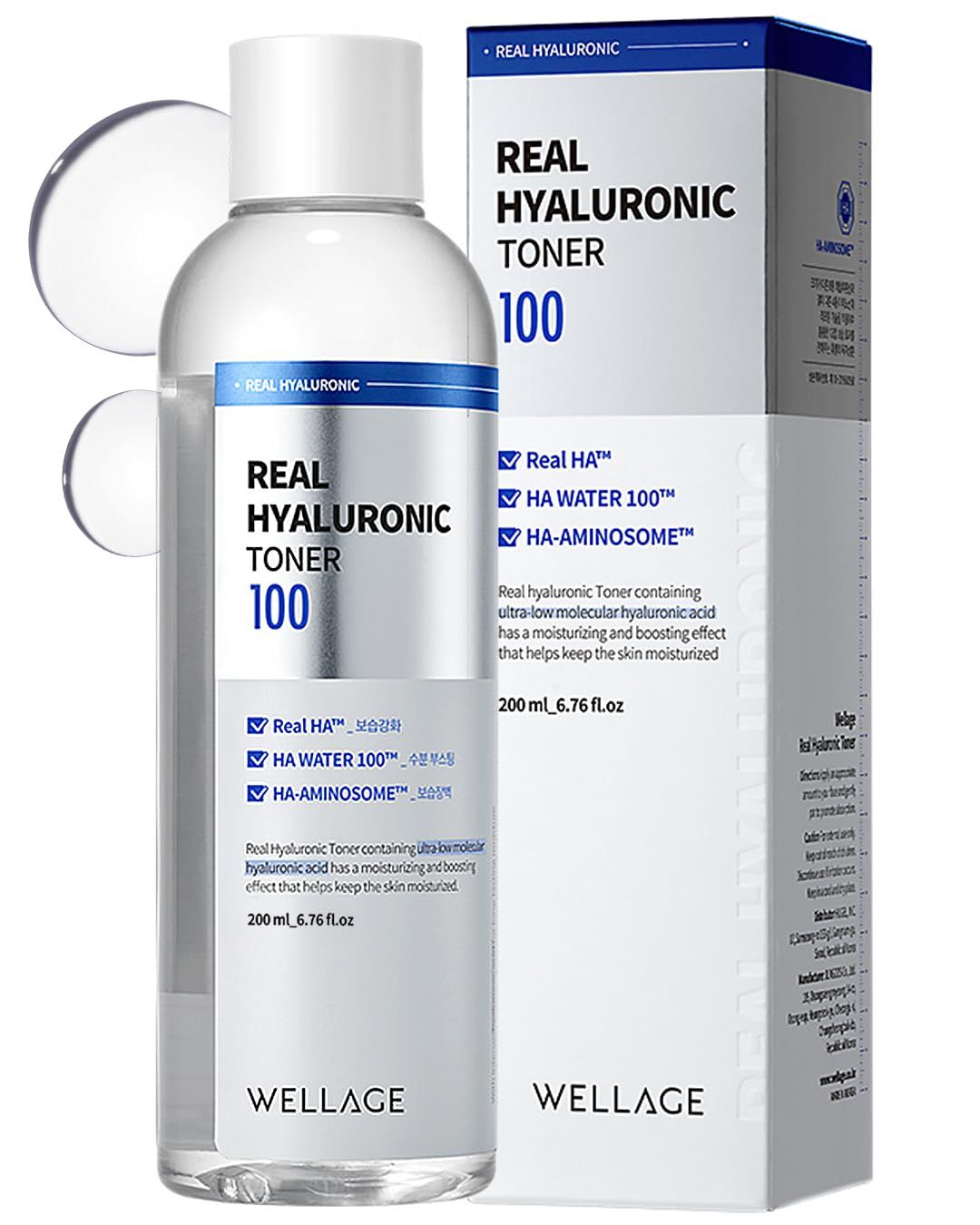 WELLAGE Real Hyaluronic Toner 100 - Korean Facial Toner with 93% Ultra Low Molecular Hyaluronic Acid - Moisturizing, Hypoallergenic, Skin Irritation-Free, K-Beauty Skincare, 6.76 fl.oz.