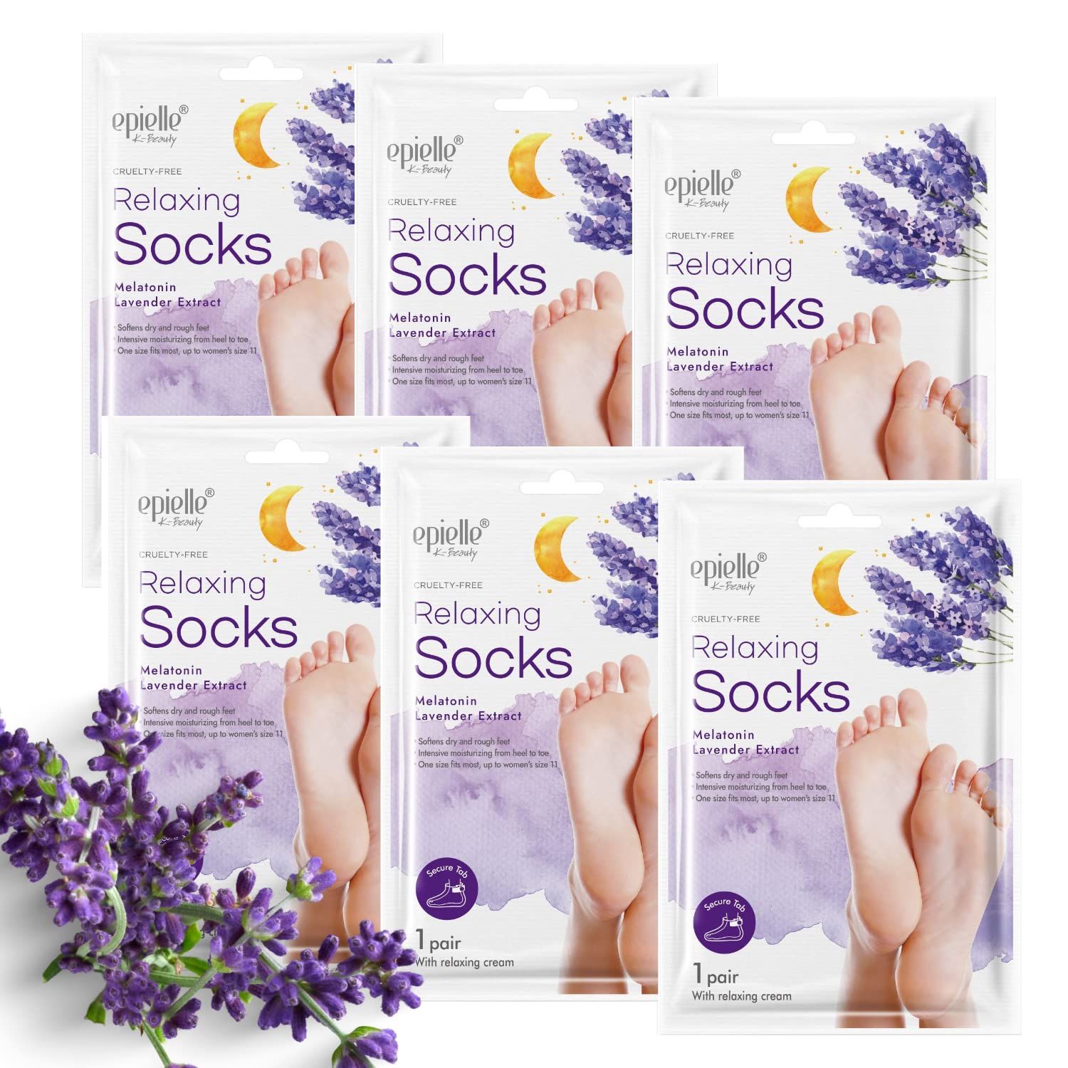 Epielle Relaxing Foot Masks, 6 Pairs Deep Moisturizing Socks with Melatonin &amp; Lavender Extract, Vegan &amp; Cruelty-Free, Korean Skincare, Easter Gifts, Mother&#39;s Day Gifts