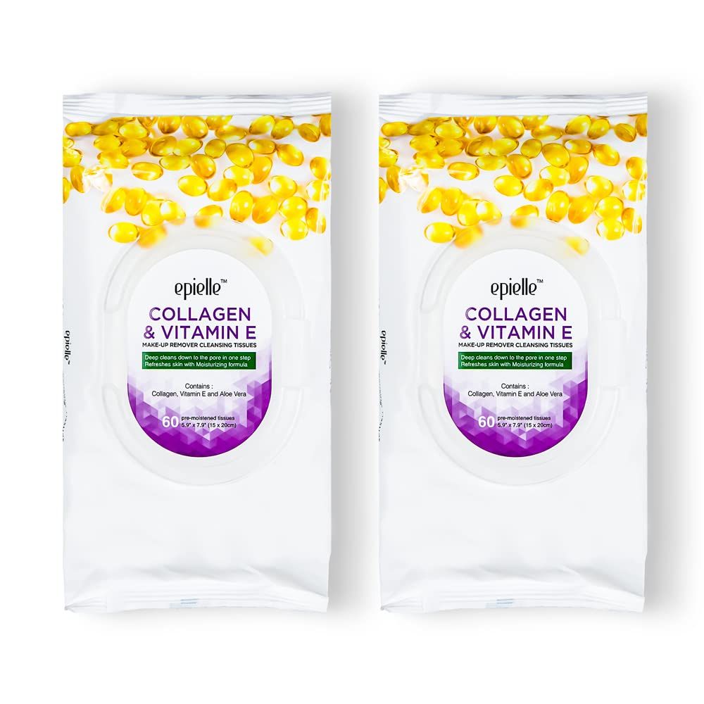 Epielle Collagen Infused Makeup Remover Cleansing Wipes 60 Count, 2-Pack Ideal for Beauty Gifts, Spa Days, Gift Sets Korean Skincare