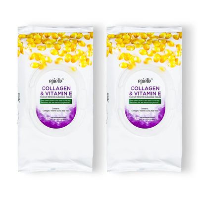 Epielle Collagen Infused Makeup Remover Cleansing Wipes 60 Count, 2-Pack Ideal for Beauty Gifts, Spa Days, Gift Sets Korean Skincare