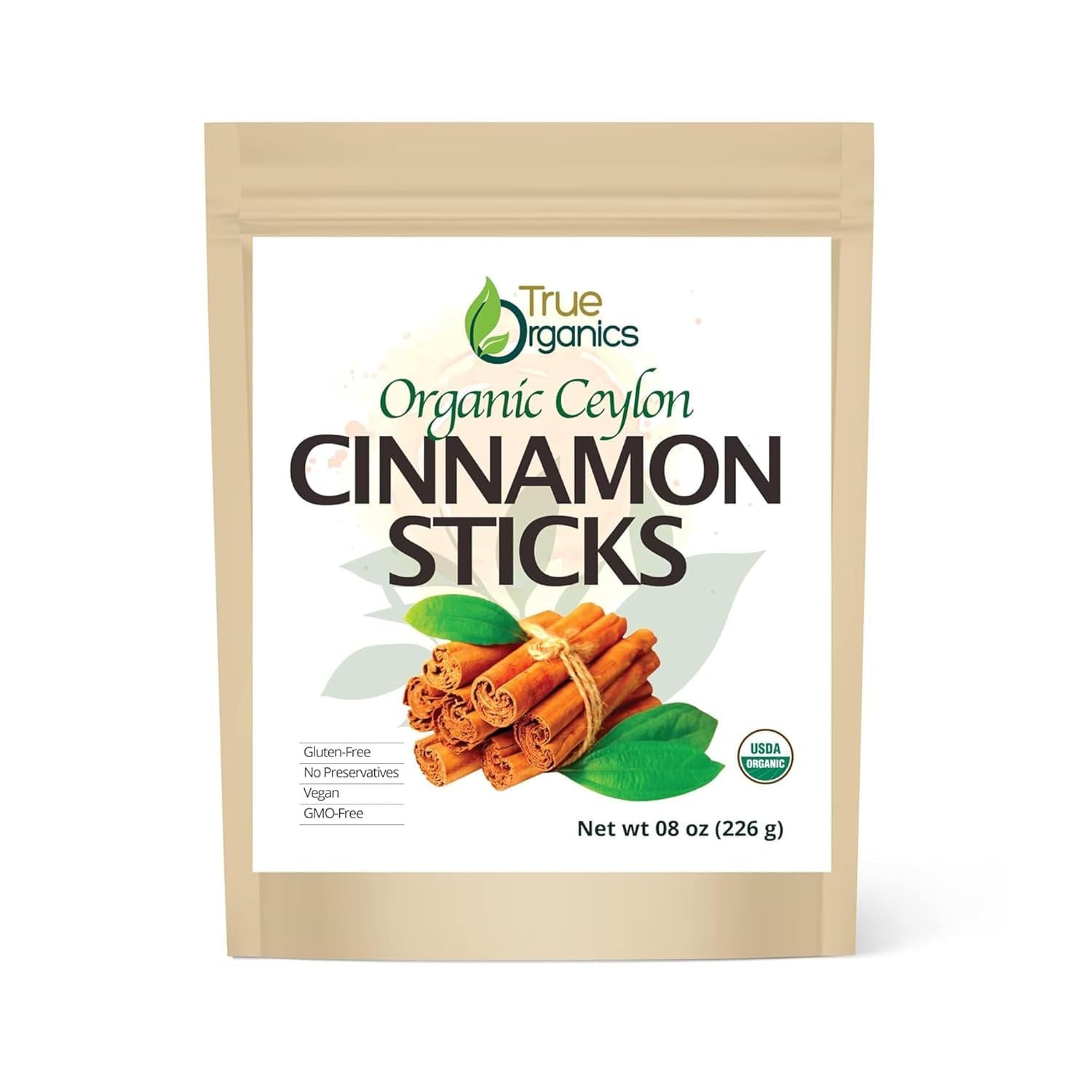 True Organic Ceylon Cinnamon Sticks, 08 ounces, Premium Grade, USDA Organic &amp; Kosher Certified, Non-GMO, Ceylon Cinnamon stick, Pure Ceylon Quality