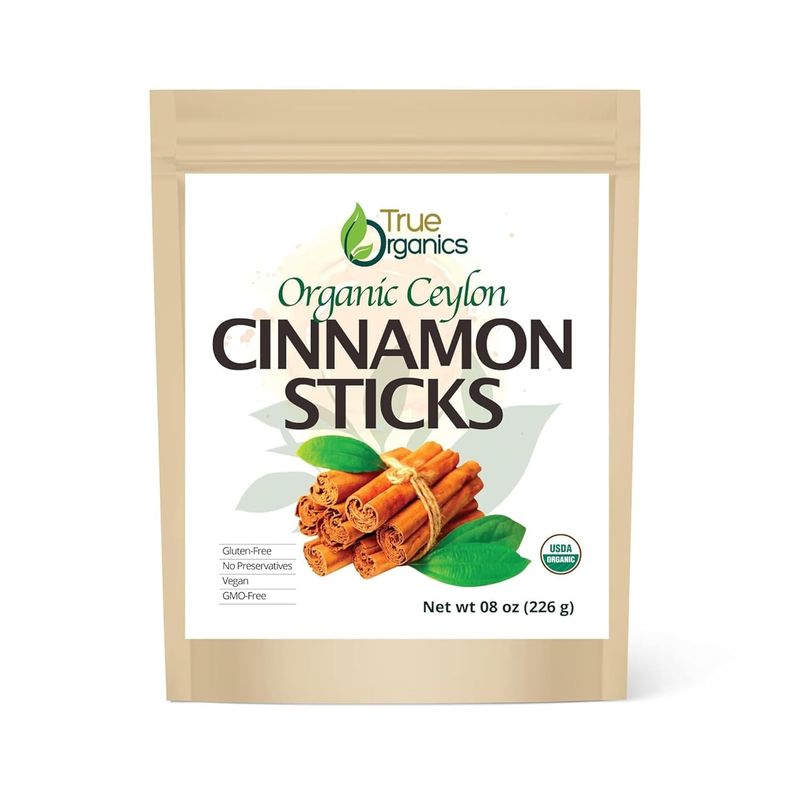 True Organic Ceylon Cinnamon Sticks, 08 ounces, Premium Grade, USDA Organic &amp; Kosher Certified, Non-GMO, Ceylon Cinnamon stick, Pure Ceylon Quality