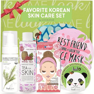 Korean Skin Care Set - Simplified Kbeauty Skincare Kits - Asian Skincare Facial Kit &amp; Sets with Water Based Cleanser, Essence Toner, Under Eye Patches, Face Mask Sheets, Self Care Gifts For Women