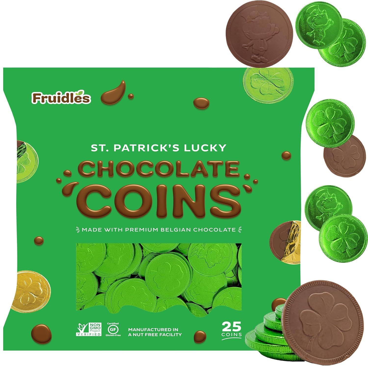 Saint Patrick&#39;s Day 25 Clover Shamrock Leprechaun Chocolate Green Coins, Premium Belgian Nut-Free Milk Chocolate, Kosher (25-Pack)