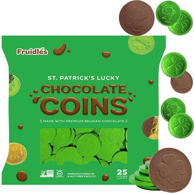Saint Patrick&#39;s Day 25 Clover Shamrock Leprechaun Chocolate Green Coins, Premium Belgian Nut-Free Milk Chocolate, Kosher (25-Pack)