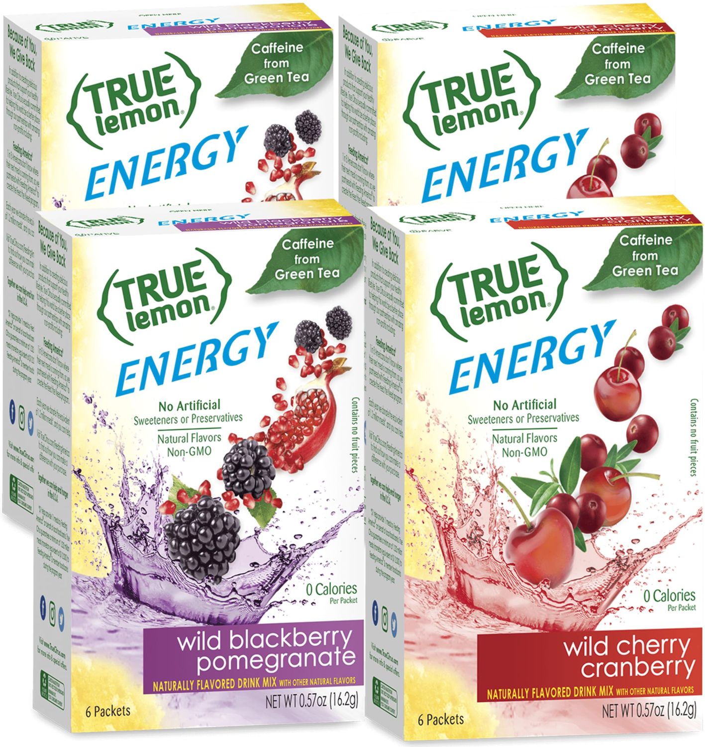 True Lemon (Energy Drinks) Wild Cherry Cranberry &amp; Wild Blackberry Pomegranate 2 boxes EACH flavor (4 boxes total), 24ct instant powdered drink mix packets total, by True Citrus, 2.7 Gram (Pack of 24)