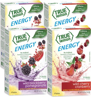 True Lemon (Energy Drinks) Wild Cherry Cranberry &amp; Wild Blackberry Pomegranate 2 boxes EACH flavor (4 boxes total), 24ct instant powdered drink mix packets total, by True Citrus, 2.7 Gram (Pack of 24)