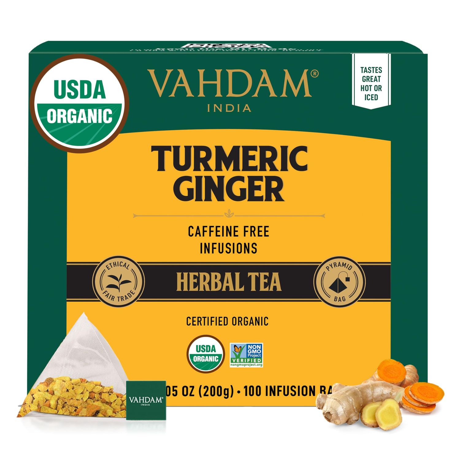 VAHDAM, Organic Turmeric Ginger Herbal Tea Bags (100 Pyramid Tea Bags) Caffeine Free, Non GMO, Gluten Free 100% Pure Herbal Blend - Savory &amp; Spicy Plant-Based Teabags Resealable Ziplock Pouch