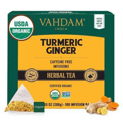 VAHDAM, Organic Turmeric Ginger Herbal Tea Bags (100 Pyramid Tea Bags) Caffeine Free, Non GMO, Gluten Free 100% Pure Herbal Blend - Savory &amp; Spicy Plant-Based Teabags Resealable Ziplock Pouch