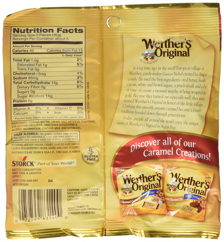 Werther's, Caramel Sugar Free Hard Candy, Original, 2.75 Ounce (Pack of 4)