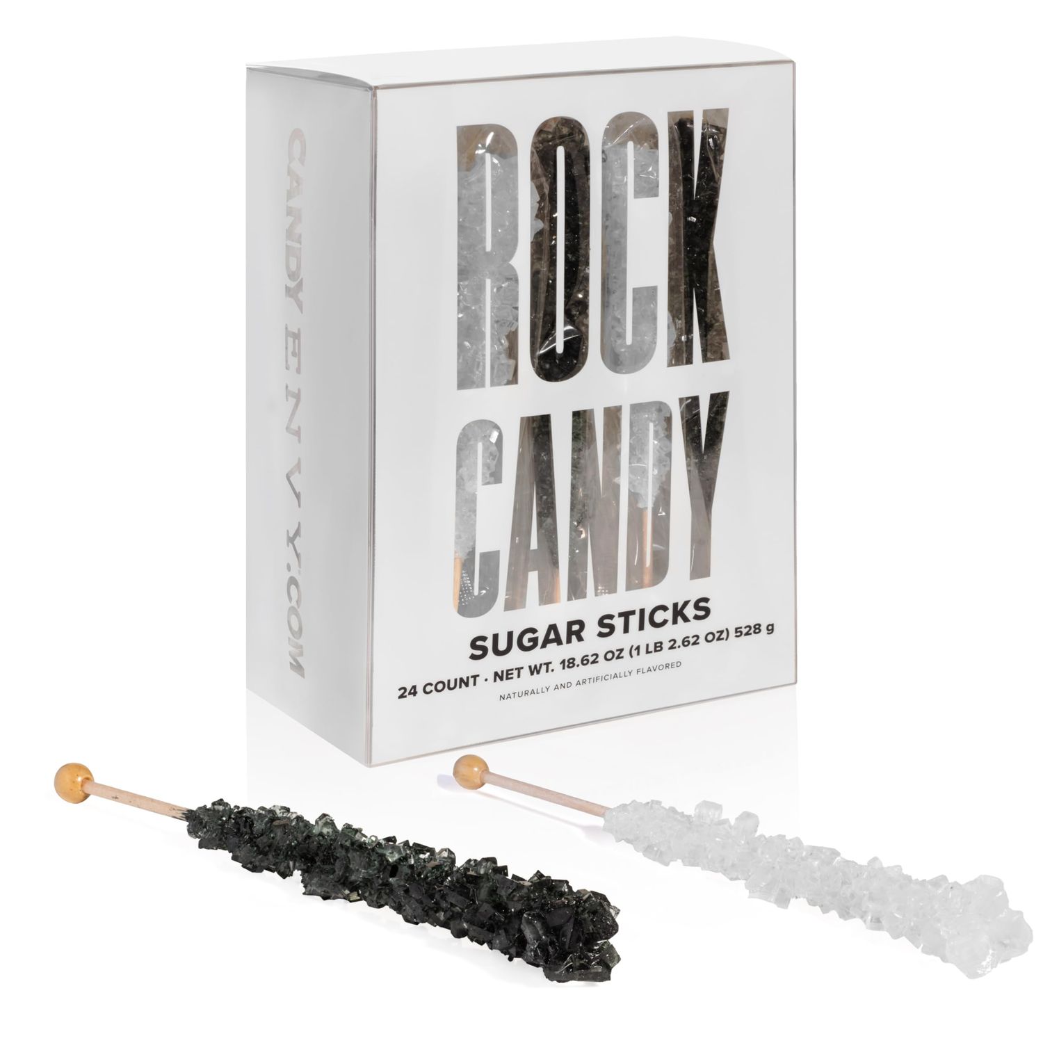 Black and White Rock Candy Sugar Sticks - 24 Individually Wrapped Candy - Black Cherry &amp; Original Sugar Flavored
