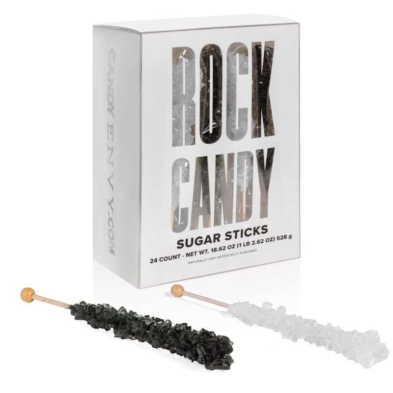 Black and White Rock Candy Sugar Sticks - 24 Individually Wrapped Candy - Black Cherry &amp; Original Sugar Flavored