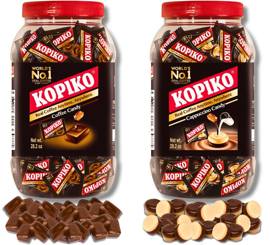 Kopiko Coffee and Kopiko Cappuccino Candy in Jar Variety Bundle Pack of 2 (800g/28.2oz each)