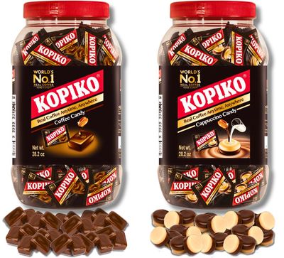Kopiko Coffee and Kopiko Cappuccino Candy in Jar Variety Bundle Pack of 2 (800g/28.2oz each)