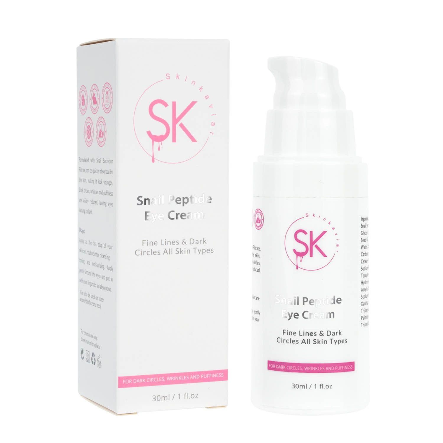 Skin Kaviar Snail Peptide Eye Cream with 73.7% Snail Mucin and Niacinamide- Brightening Korean Night Cream for Fine Lines and Dark Circles, 30ml / 1 FL Oz