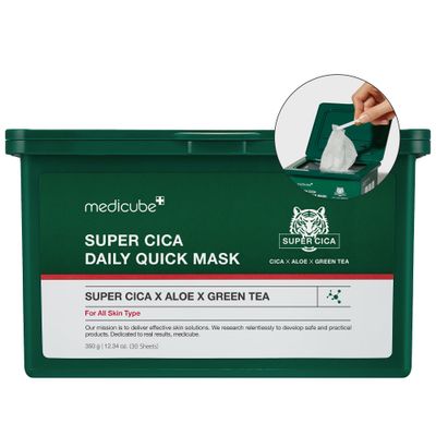 medicube Super Cica Daily Quick Facial Masks (30 Sheets) - 60-Second Soothing &amp; Hydrating Facial Mask with 88% Cica, Instant Cooling &amp; Moisturization - 100% Vegan Certified, Korean Skincare