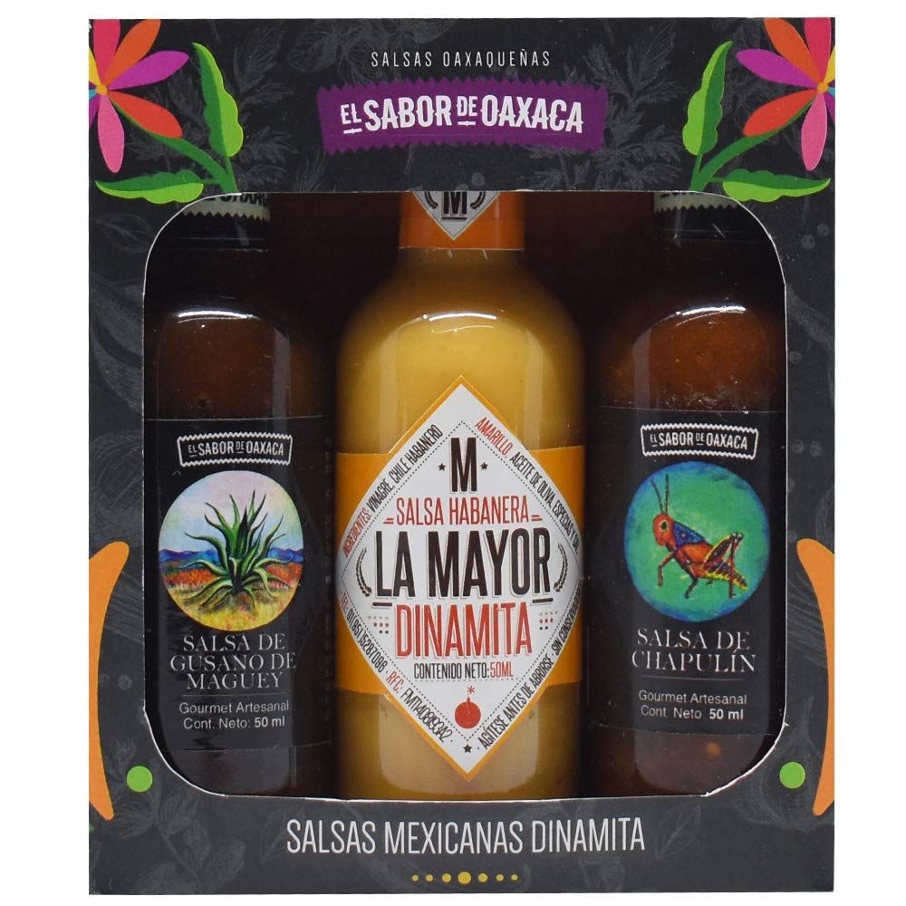 El Sabor de Oaxaca, 3 Pack Mexican Sauces Dynamite: Salsa Chapuln, Salsa Fuego and Salsa Gusano de Maguey, Mexican Gourmet Artisan Product, 5 Fl Oz