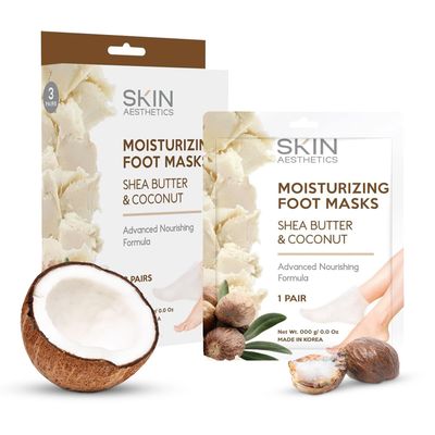 Skin Aesthetics Shea Butter &amp; Coconut Foot Masks - Moisturizes &amp; Repairs Cracked Feet, Hydrating &amp; Exfoliating - Dermatologist Tested Korean Skincare - Clean Beauty, Cruelty-Free - 3 Pairs