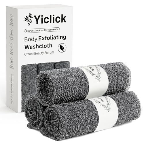 Yiclick Exfoliating Washcloth Towel 3 Pack, Japanese Exfoliating Bath Wash Cloth for Body Exfoliation, Korean Back Scrubber Washer for Shower, African Net Sponge Brush Loofah Exfoliator (Grey)