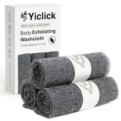 Yiclick Exfoliating Washcloth Towel 3 Pack, Japanese Exfoliating Bath Wash Cloth for Body Exfoliation, Korean Back Scrubber Washer for Shower, African Net Sponge Brush Loofah Exfoliator (Grey)