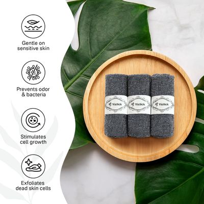 Yiclick Exfoliating Washcloth Towel 3 Pack, Japanese Exfoliating Bath Wash Cloth for Body Exfoliation, Korean Back Scrubber Washer for Shower, African Net Sponge Brush Loofah Exfoliator (Grey)