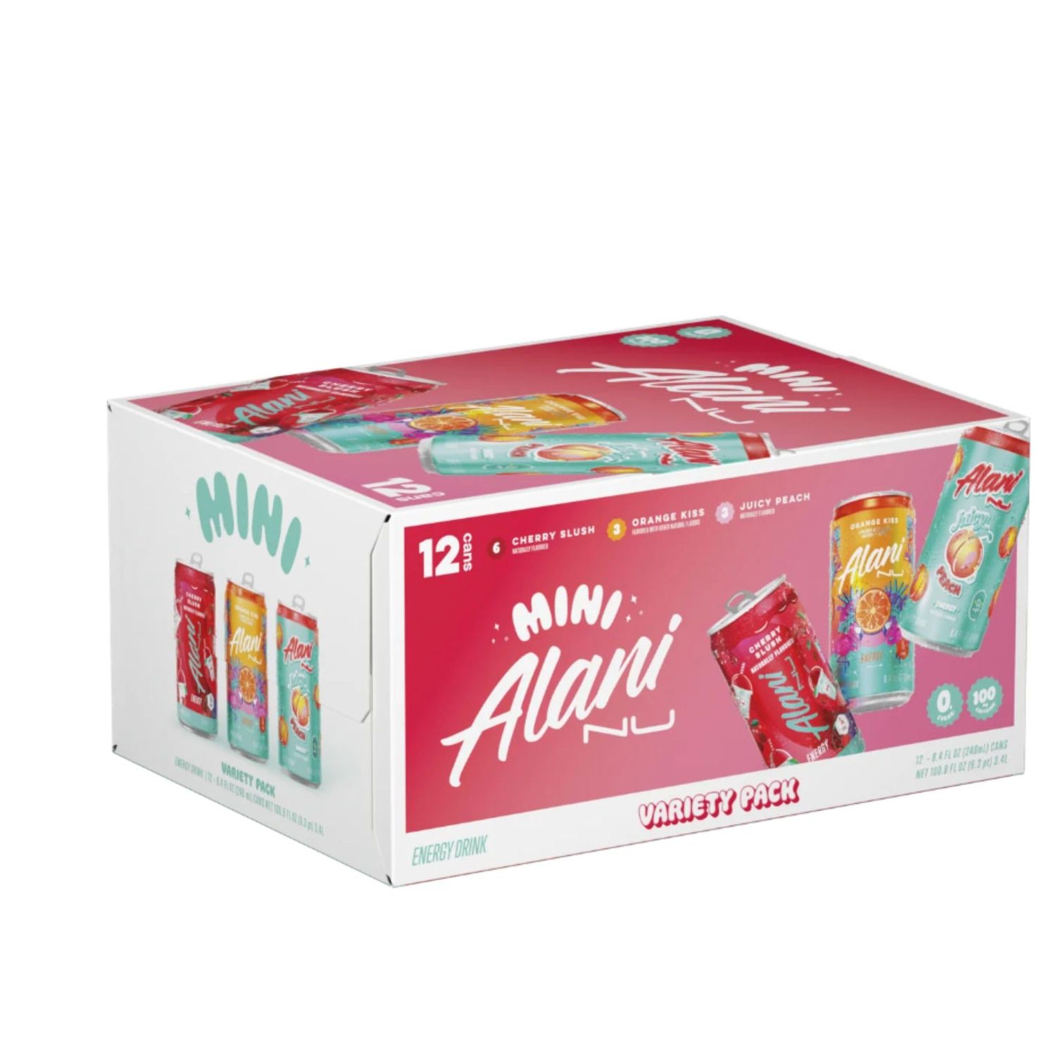 Alani Nu Mini Energy Variety Pack CHERRY SLUSH, JUICY PEACH, &amp; ORANGE KISS Sugar-Free Energy Drinks 100mg Caffeine &amp; B Vitamins 5-10 Calories 8.4oz Cans 12 Pack