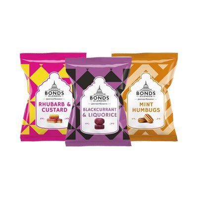 Original Bonds of London Candy Variety Pack - Rhubarb &amp; Custard 130g, Blackcurrant &amp; Liquorice 120g, Mint Humbugs 120g - Best of British Sweets - Imported from the UK