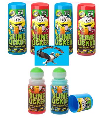 Slime Lickers 2.0 Sour Liquid Rolling Candy 2oz 4 Count - Blue Razz and Strawberry Flavors - Includes PITCHING PIGEON Brand Magnet