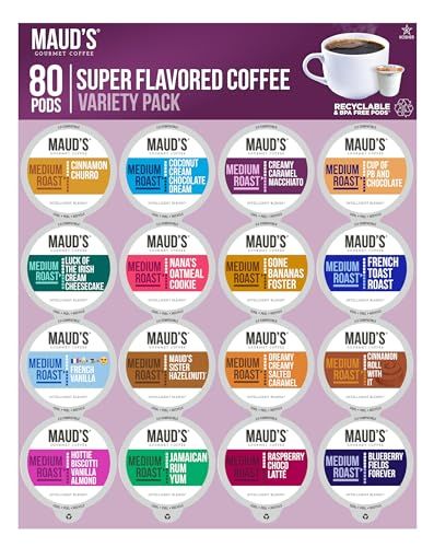 Maud&#39;s Super Flavored Coffee Pods Variety Pack, 80 ct, 16 Assorted Flavors, Medium Roast Flavored Coffee in Recyclable Single Serve Pods - 100% Arabica Coffee, Compatible with Keurig K Cups Maker
