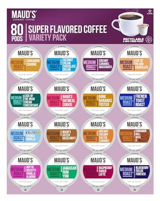 Maud&#39;s Super Flavored Coffee Pods Variety Pack, 80 ct, 16 Assorted Flavors, Medium Roast Flavored Coffee in Recyclable Single Serve Pods - 100% Arabica Coffee, Compatible with Keurig K Cups Maker