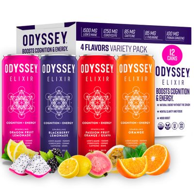 Odyssey Elixir Cognition Sustainable Energy - Lion&#39;s Mane, Cordyceps, L Theanine, Ginseng &amp; 85mg Green Tea Caffeine - 0 Added Sugar - No Jitters or Crash -Variety Pack - 12 Fl oz, 12 Pack