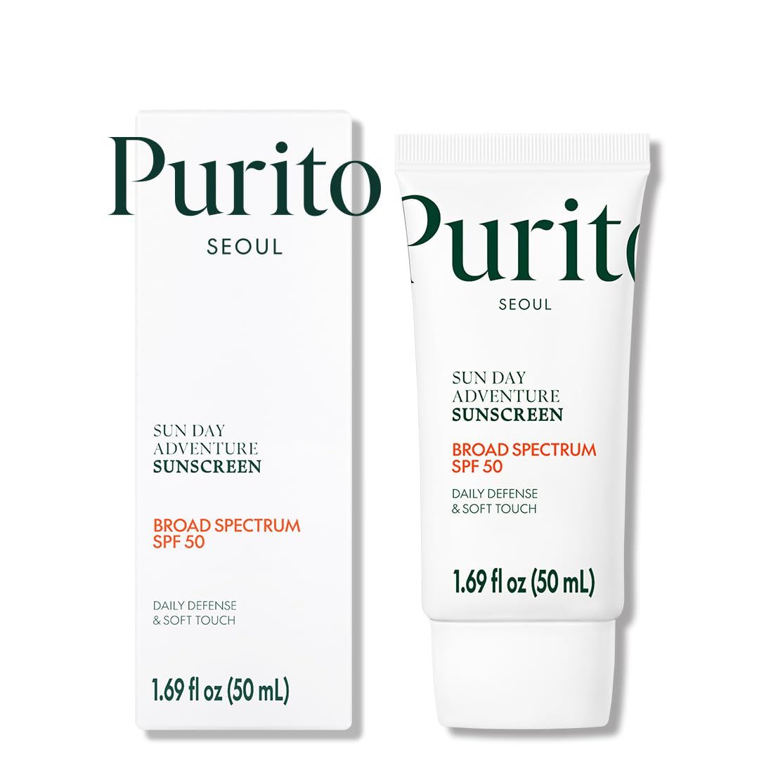 PURITO Sun Day Adventure Korean Sunscreen Smoothest and Lightest Texture Broad Spectrum SPF 50 UVA &amp; UVB Protection No White Cast Oil Free For All Skin Types Vegan Daily Skin Care 50ml, 1.69 fl.oz