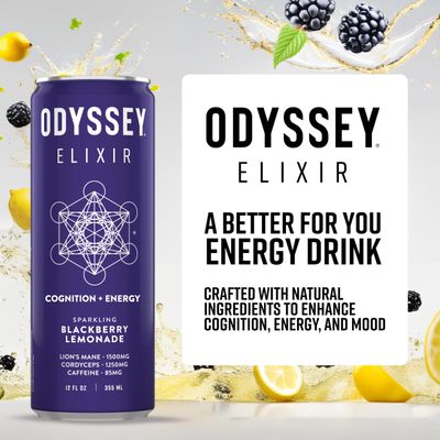 Odyssey Elixir Cognition Sustainable Energy - Lion's Mane, Cordyceps, L Theanine, Ginseng & 85mg Green Tea Caffeine - 0 Added Sugar - No Jitters or Crash -Variety Pack - 12 Fl oz, 12 Pack