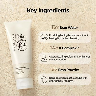MIDHA RICE BRAN SCRUB FOAM 5.07fl.oz/150ml, Deep Cleansing, Pore-Purifying, Gentle Exfoliating - Soft Micro-Foam Face Wash with Balanced pH &amp; Hydrating, Nourishing Care