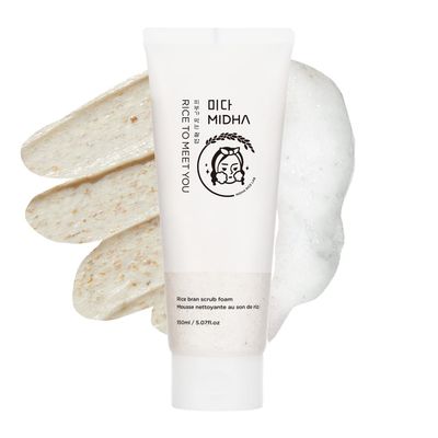 MIDHA RICE BRAN SCRUB FOAM 5.07fl.oz/150ml, Deep Cleansing, Pore-Purifying, Gentle Exfoliating - Soft Micro-Foam Face Wash with Balanced pH &amp; Hydrating, Nourishing Care