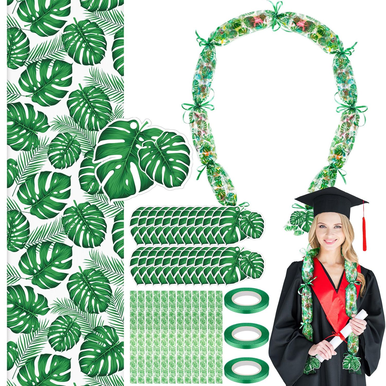 Kisston Graduation Candy Lei Making Kit Includes 12 Pcs Candy Lei Tubing, 3 Rolls Ribbon, 24 Pcs Cards for Class of 2025 Hawaiian Congrats Grad Graduate Gifts(Green,Palm Leaves)