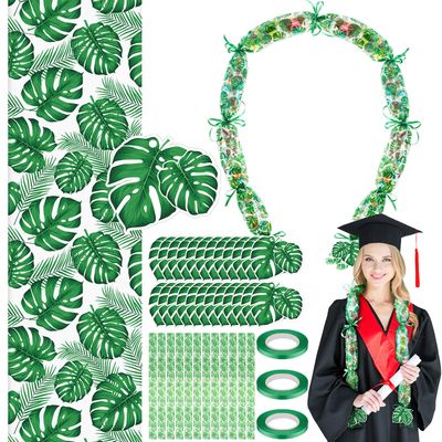 Kisston Graduation Candy Lei Making Kit Includes 12 Pcs Candy Lei Tubing, 3 Rolls Ribbon, 24 Pcs Cards for Class of 2025 Hawaiian Congrats Grad Graduate Gifts(Green,Palm Leaves)