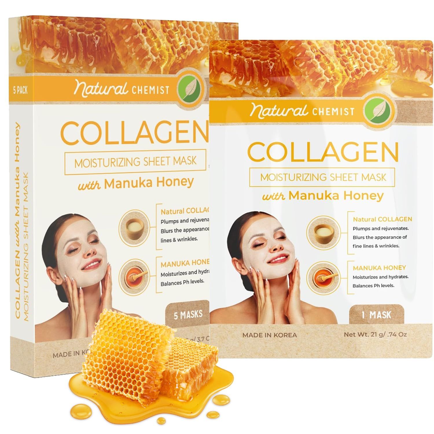Natural Chemist Collagen &amp; Manuka Honey Sheet Face Mask - Anti-Aging, Hydrating, Skin Firming, Reduces Fine Lines, Dermatologist Tested, Cruelty Free Korean Skin Care For All Skin Types - 5 Masks