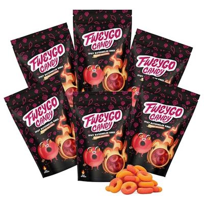 Fweygo Chamoy Candy Gummies Watermelon Rings, 5 Ounce, Pack of 6, Mexican Candy Covered in Chamoy &amp; Tajin Seasoning, Perfect Balance of Sweet &amp; Spicy