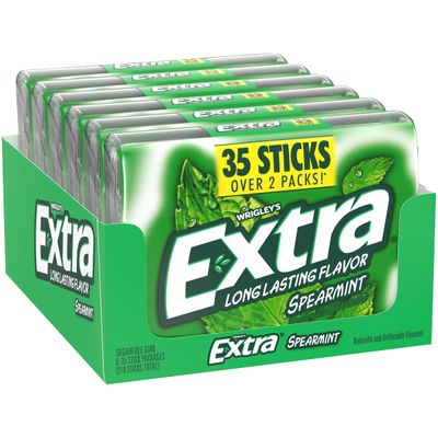 EXTRA Gum Spearmint, Bulk Chewing Gum Sugar-Free, Mega Pack of 6 with 35 Sticks Each
