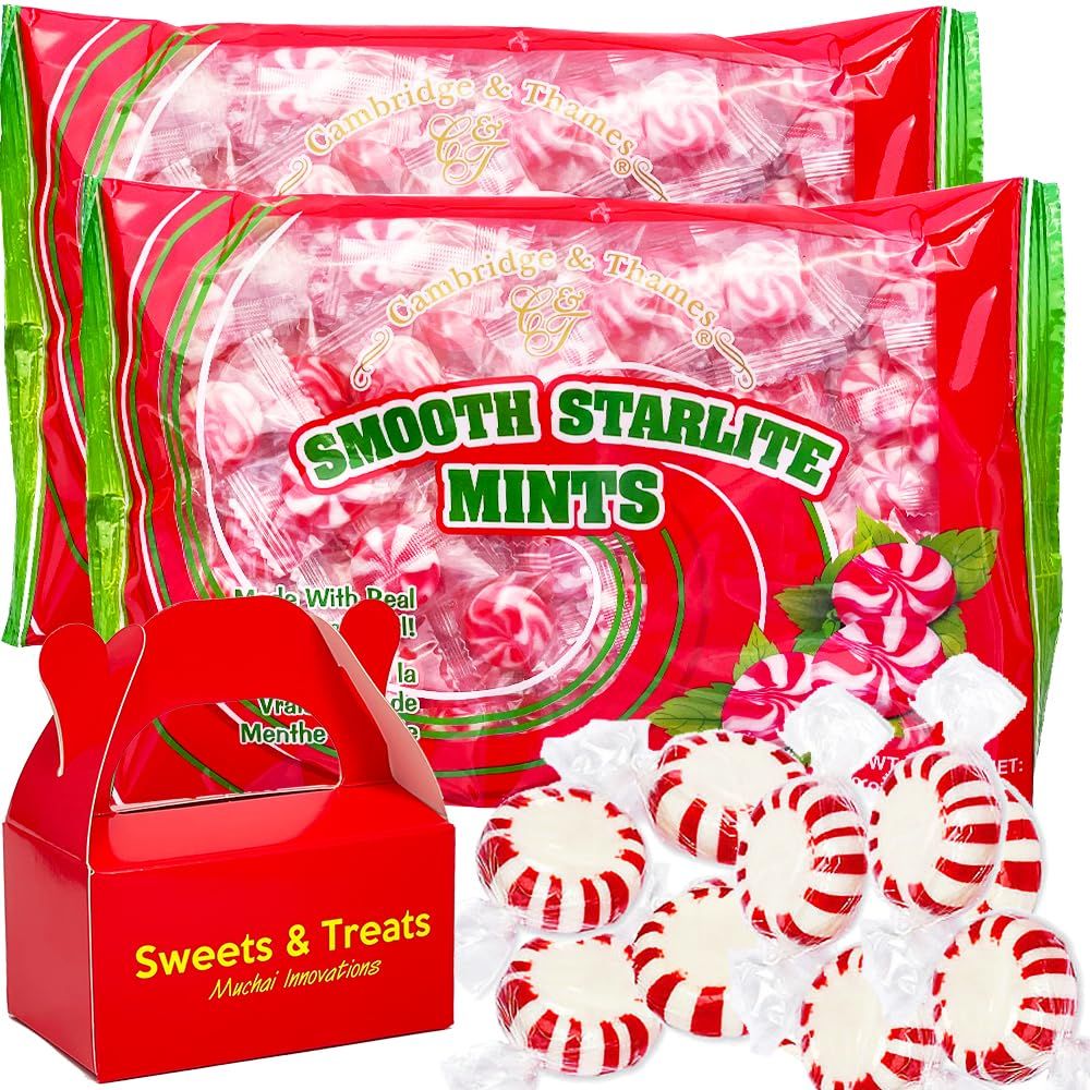 Peppermint Starlight Mints Hard Candy Smooth Made w/Real Peppermint Oil Individually Wrapped - White &amp; Red Stripes Button Disc Drops Snack Desert Treat Gift- 2 Bags Plus Muchai Card