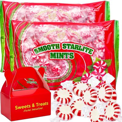 Peppermint Starlight Mints Hard Candy Smooth Made w/Real Peppermint Oil Individually Wrapped - White &amp; Red Stripes Button Disc Drops Snack Desert Treat Gift- 2 Bags Plus Muchai Card