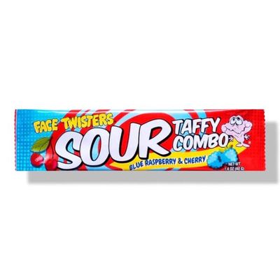 Face Twisters Sour Taffy Combo Blue Raspberry &amp; Cherry 1.4 oz. Bar - Case of 24