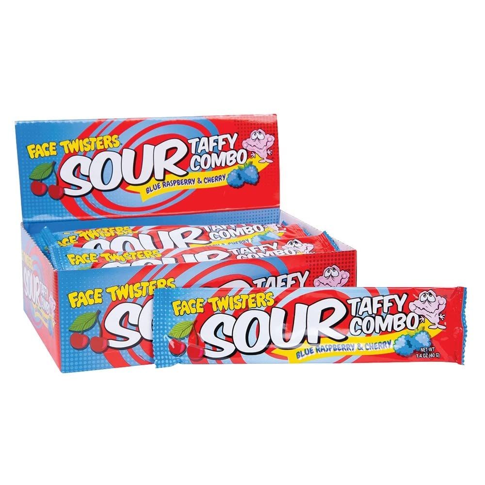 Face Twisters Sour Taffy Combo Blue Raspberry &amp; Cherry 1.4 oz. Bar - Case of 24