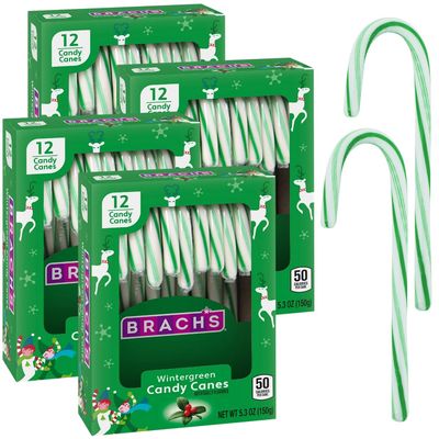KATIES KANDY KORNER Brachs Wintergreen Candy Canes in Bulk 12 Each, Individually Wrapped Ideal Canes for Christmas Celebrations, Perfect Bulk for Stocking Stuffers (Pack of 4)