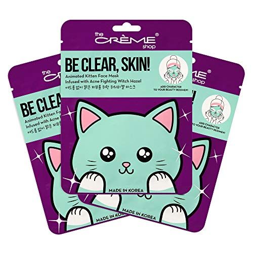 The Creme Shop Animal Sheet Mask, Korean, Hydrating, Collagen, Vitamin C, Anti-Aging - Pack of 3 (Kitten)